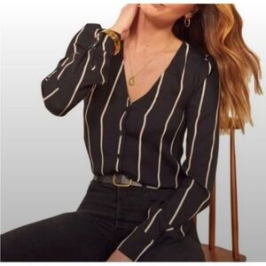 REFORMATION Black Annaliese Signature Striped Long sleeve Top Shirt Blouse